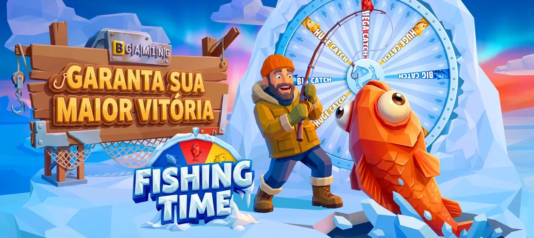 Banner do Fishing Time, da BGaming, com pescador e peixe laranja