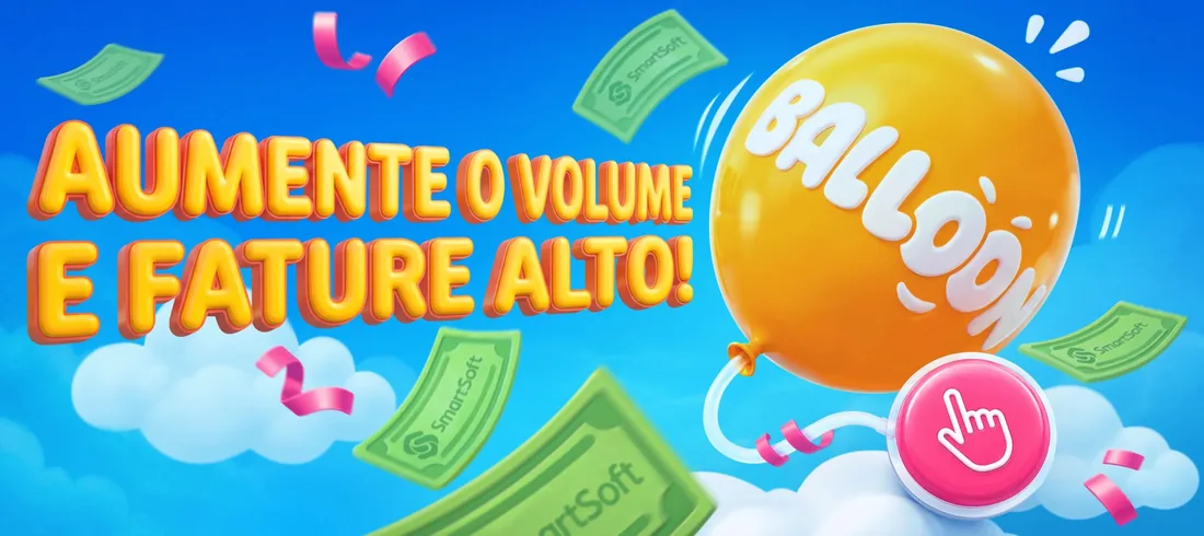 Banner do Balloon, da SmartSoft, com balão amarelo e notas voando