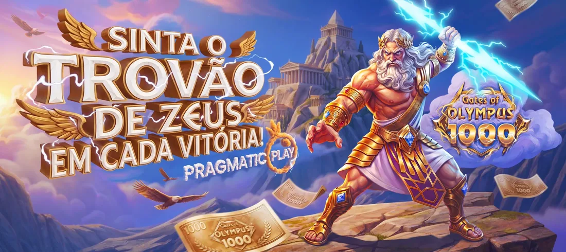 Banner do Gates of Olympus 1000, da Pragmatic Play, com Zeus lançando um raio